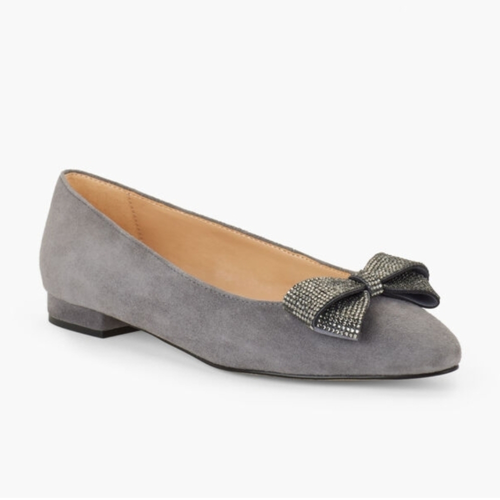 Talbots Gray Suede Ballet Flat with Embellished Bow